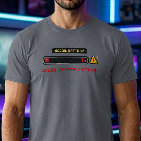 Translation missing: en.Graphite heather shirt with a pixel art one percent loading bar graphic and text reading Social Battery Critical