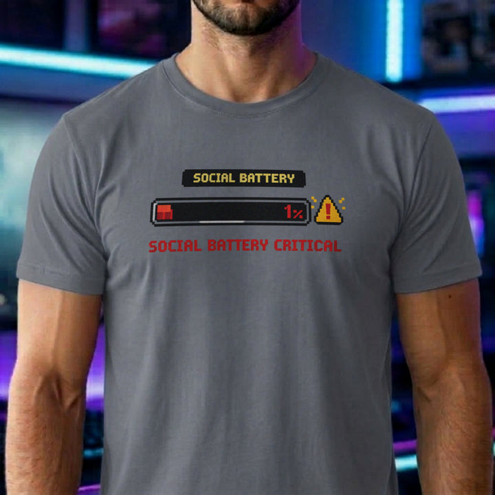Translation missing: en.Graphite heather shirt with a pixel art one percent loading bar graphic and text reading Social Battery Critical
