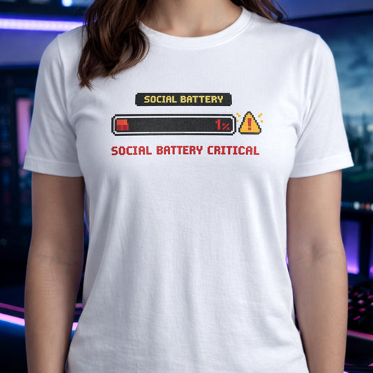 Translation missing: en.White shirt with a pixel art one percent loading bar graphic and text reading Social Battery Critical