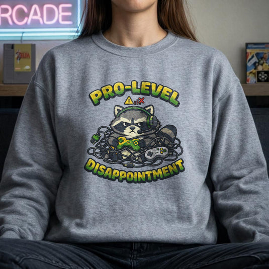 Translation missing: en.sports grey sweatshirt with Grumpy Raccoon graphic reading Pro-Level Disappointment