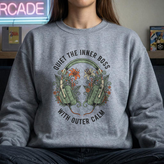 Translation missing: en.Sports grey sweatshirt with a Floral Zen graphic design and text "Quiet The Inner Boss With Outer Calm"