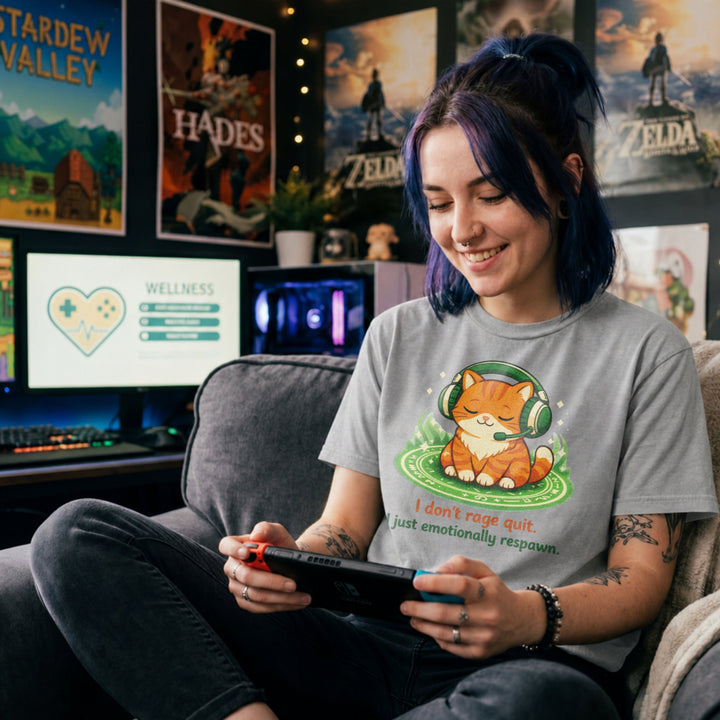 Translation missing: en.Sports grey cotton tee laid-back orange cat with headphones graphic text, "I don't rage quit I just emotionally respawn