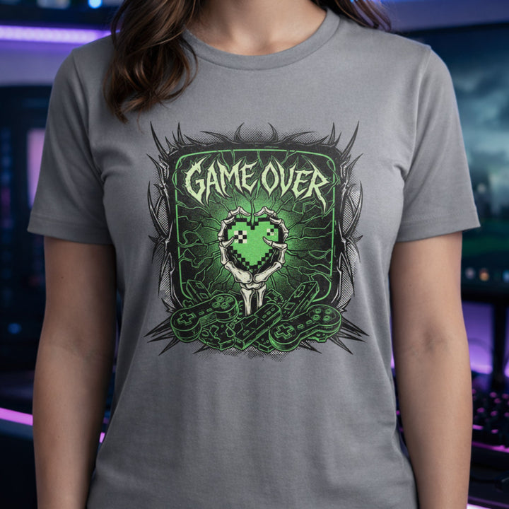 Translation missing: en.Sports grey cotton tee with graphic of a bone hand holding heart in pixel art style and text "GAME OVER"