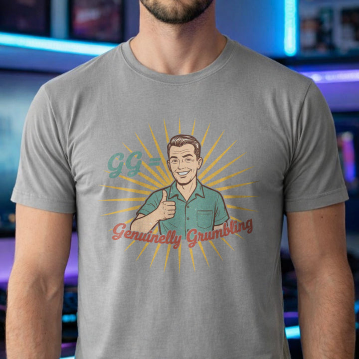 Translation missing: en.Sports grey cotton tee with retro Inspired man thumbs up graphic and text "Genuinely Grumbling"