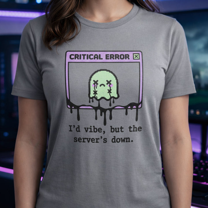 Translation missing: en.Sports grey cotton tee with graphic critical error box with pixel art character text "I'd vibe but server's down"