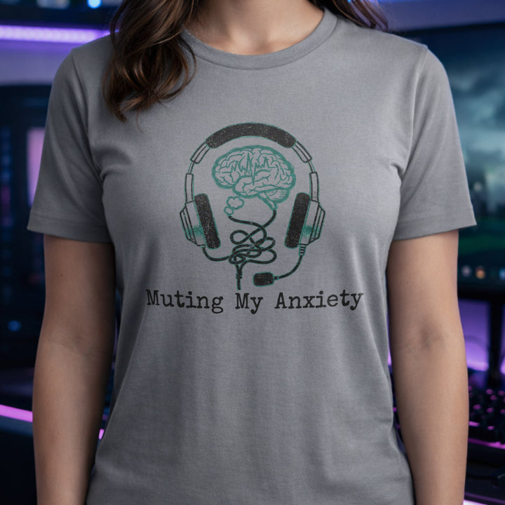 Translation missing: en.Sports grey tee with graphic: headphones connected to a brain and text, "Muting my anxiety"
