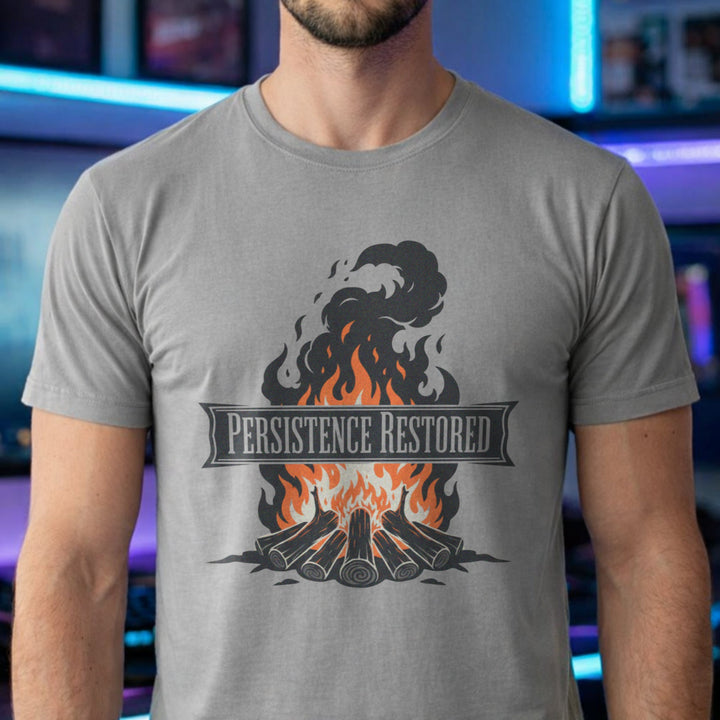 Translation missing: en.Sports grey unisex cotton tee. Bonfire graphic with text, PERSISTANCE RESTORED  