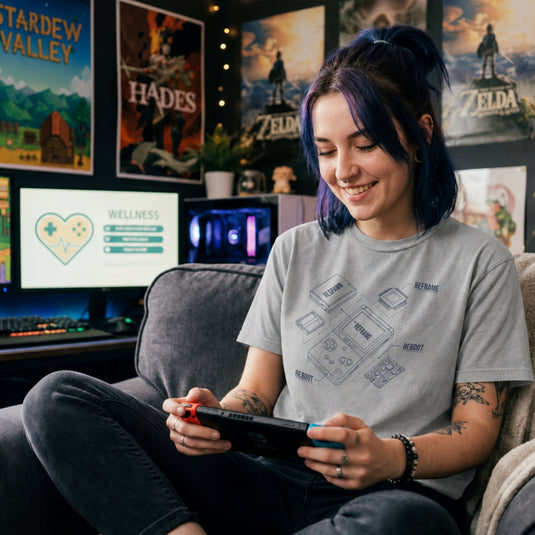 Translation missing: en.Sports grey t-shirt with a blue retro handheld console blueprint graphic labeled Respawn, Reframe, and Reboot