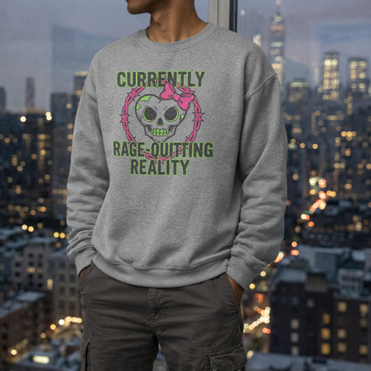 Translation missing: en.Sports Grey Crewneck Sweatshirt With Skull Graphic Reading, Currently Rage Quitting Reality