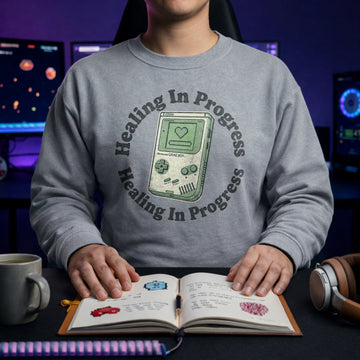 Translation missing: en.Sports Grey Crewneck Sweatshirt With Retro Handheld Graphic and Mental Health Quote, Healing In Progress