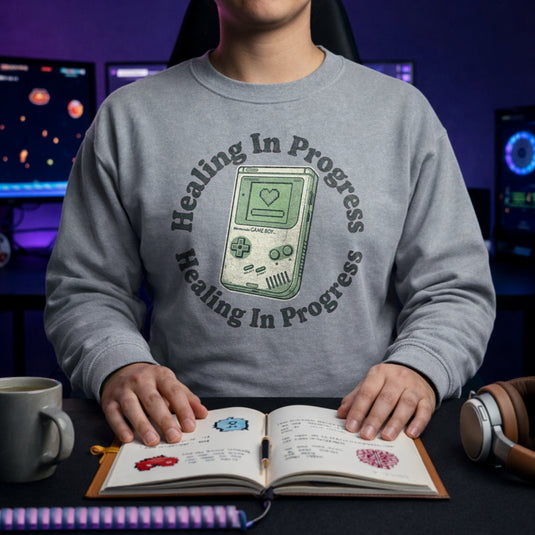 Translation missing: en.Sports Grey Crewneck Sweatshirt With Retro Handheld Graphic and Mental Health Quote, Healing In Progress