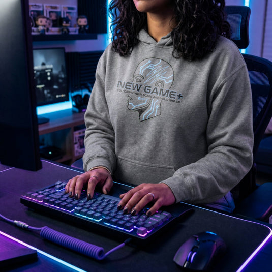 Translation missing: en.Sports Grey Pullover Hoodie Cybernetic Sci-Fi Gamer Graphic With Text, New Game Plus 