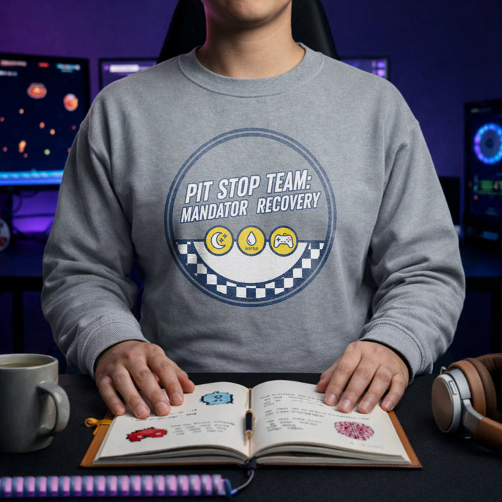 Translation missing: en.Sports Grey Crewneck Sweatshirt Racing Gamer Dashboard Badge With Text, Pit Stop Team Mandator Recovery 