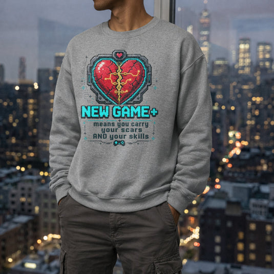 Translation missing: en.Sports Grey Crewneck Sweatshirt Pixel Heart Graphic Text Reading, New Game Plus means you carry your scars