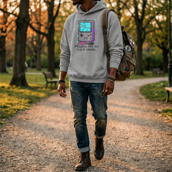 Translation missing: en.Sports Grey Pullover Hoodie Retro Glitch Handheld Gamer Graphic With Text, Playing Life on Hard Mode