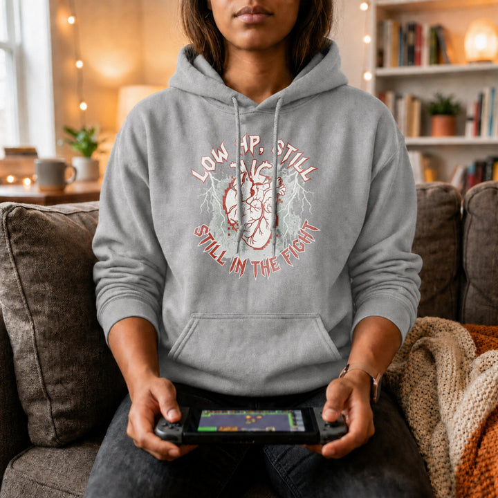 Translation missing: en.Sports grey pullover hoodie with heart graphic text, LOW HP STILL IN THE FIGHT