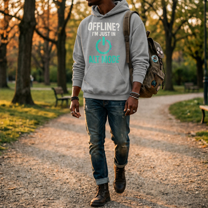 Translation missing: en.Sports grey hoodie with Cyberpunk Glitch Power Symbol the text OFFLINE? I'M JUST ALT MODE