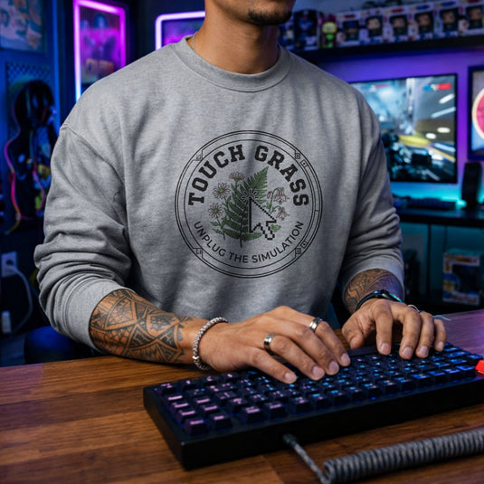 Translation missing: en.Sports Grey Crewneck Sweatshirt Forest Green With Nature Badge Design Text Reading, Touch Grass Unplug The Simulation