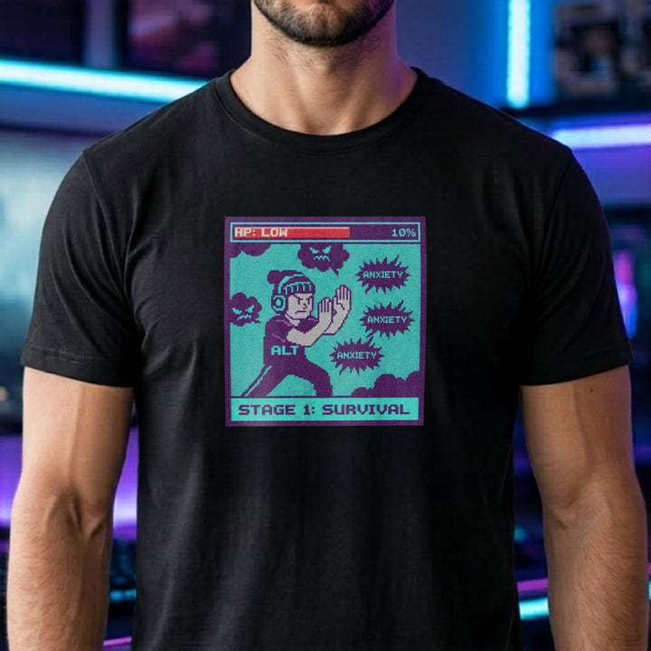Translation missing: en.Black gamer shirt pixel graphic with low HP health bar and character fighting anxiety bubbles reading STAGE 1: SURVIVAL