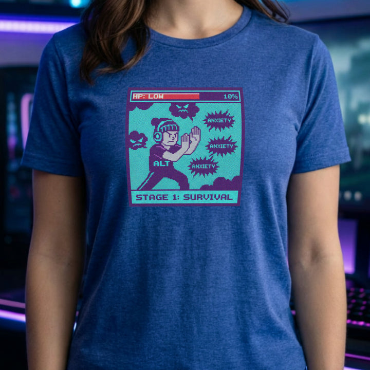 Translation missing: en.Heather royal gamer shirt pixel graphic with low HP health bar and character fighting anxiety bubbles reading STAGE 1: SURVIVAL