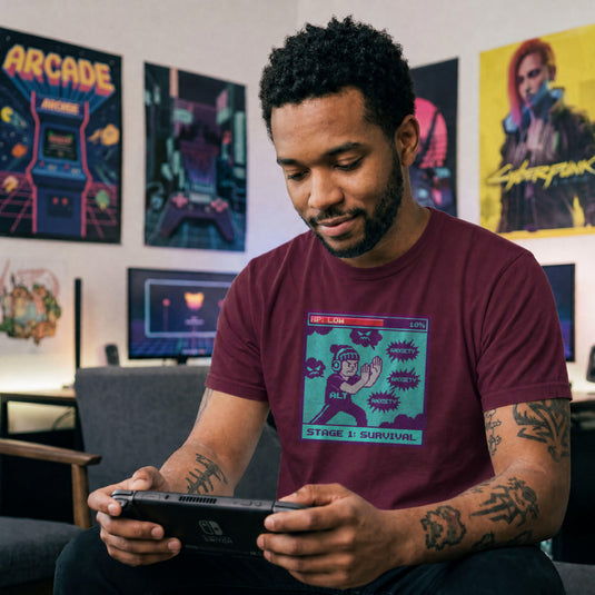 Translation missing: en.Maroon gamer shirt pixel graphic with low HP health bar and character fighting anxiety bubbles reading STAGE 1: SURVIVAL