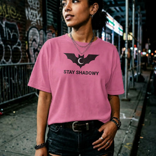 Translation missing: en.Azalea gamer mental health graphic tee featuring a black bat and crescent moon with Stay Shadowy text