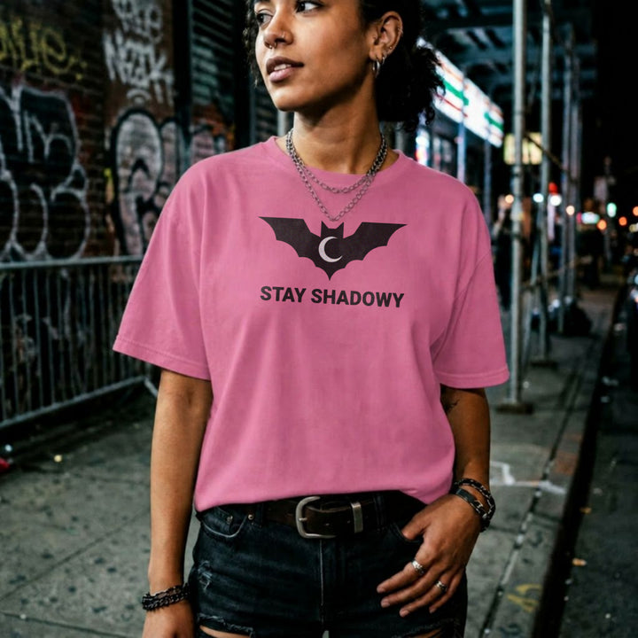Translation missing: en.Azalea gamer mental health graphic tee featuring a black bat and crescent moon with Stay Shadowy text