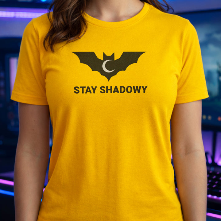 Translation missing: en.Daisy gamer mental health graphic tee featuring a black bat and crescent moon with Stay Shadowy text