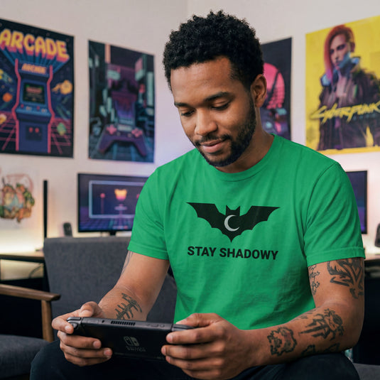 Translation missing: en.Irish green gamer mental health graphic tee featuring a black bat and crescent moon with Stay Shadowy text