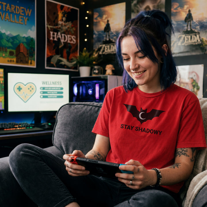 Translation missing: en.Red gamer mental health graphic tee featuring a black bat and crescent moon with Stay Shadowy text