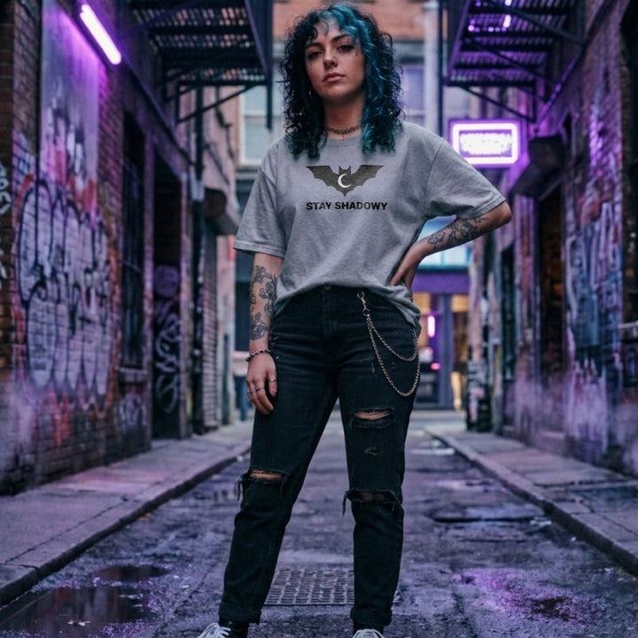 Translation missing: en.Sports grey gamer mental health graphic tee featuring a black bat and crescent moon with Stay Shadowy text