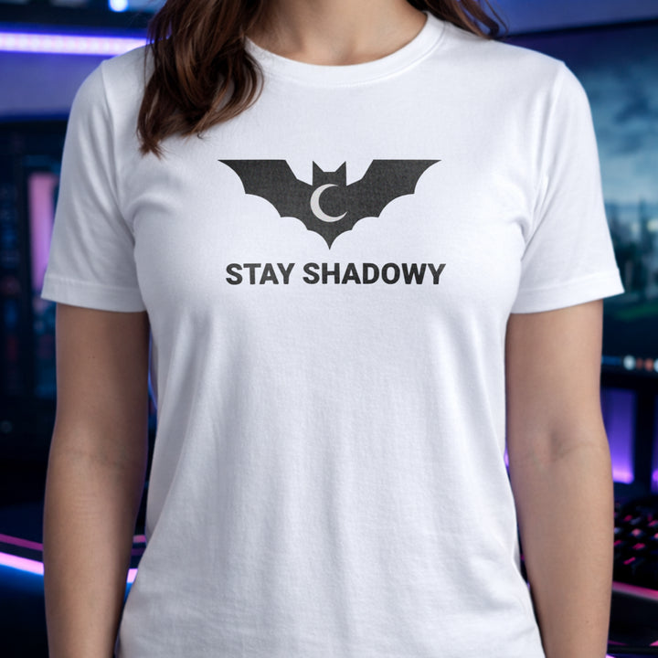 Translation missing: en.White gamer mental health graphic tee featuring a black bat and crescent moon with Stay Shadowy text