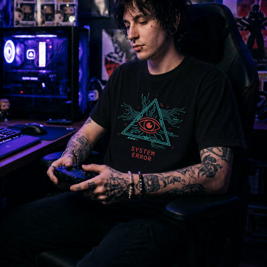 Translation missing: en.Cyberpunk triangle circuit board graphic with a neon red all-seeing eye above red System Error text on a black shirt