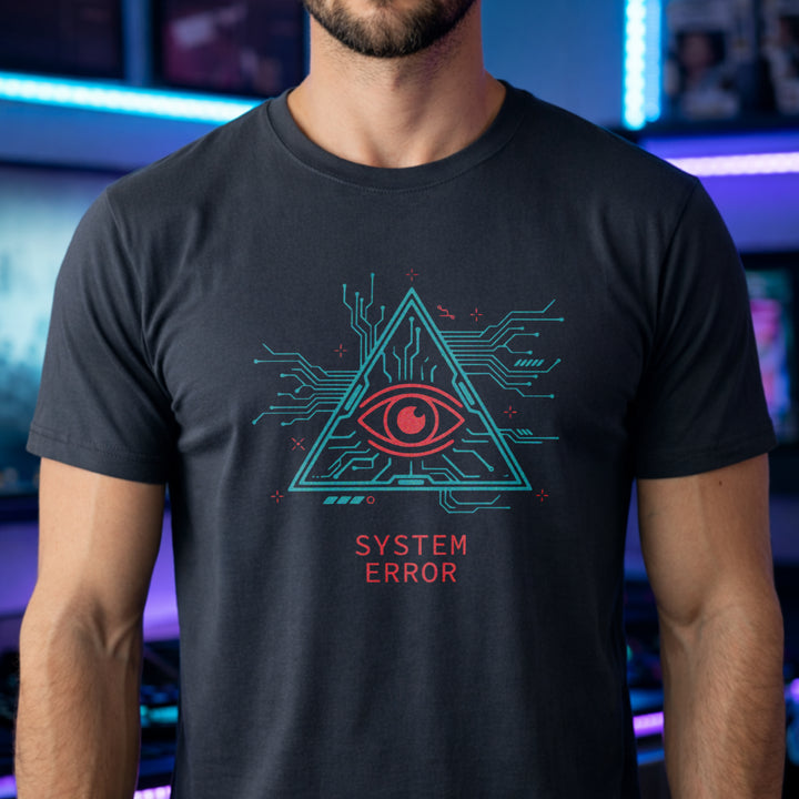 Translation missing: en.Cyberpunk triangle circuit board graphic with a neon red all-seeing eye above red System Error text on a heather navy shirt