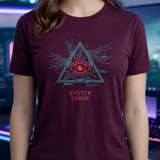 Translation missing: en.Cyberpunk triangle circuit board graphic with a neon red all-seeing eye above red System Error text on a maroon shirt