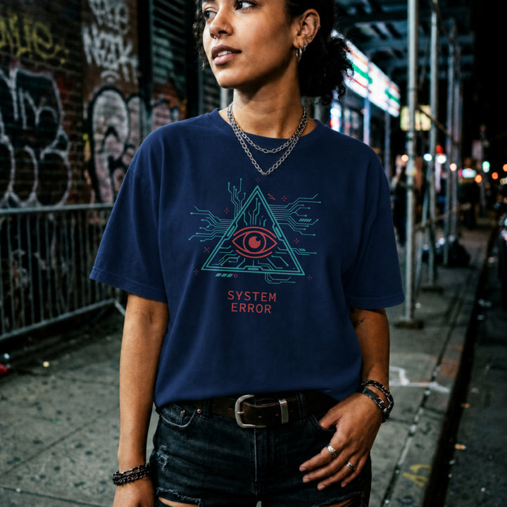Translation missing: en.Cyberpunk triangle circuit board graphic with a neon red all-seeing eye above red System Error text on a navy shirt