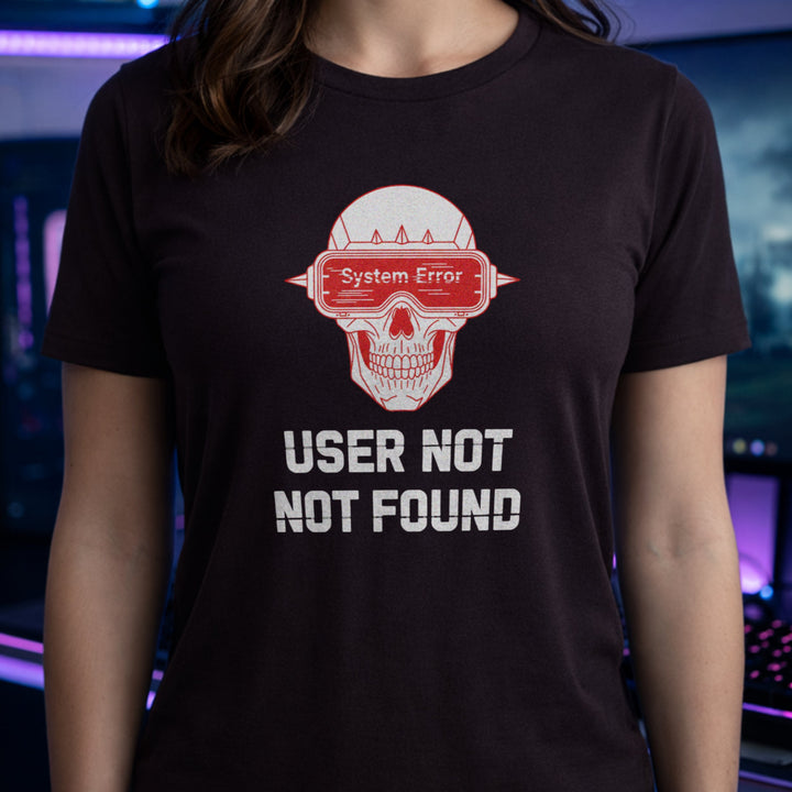 Translation missing: en.Dark chocolate cyberpunk shirt graphic showing a skull wearing a VR headset with text User Not Not Found System Error. 