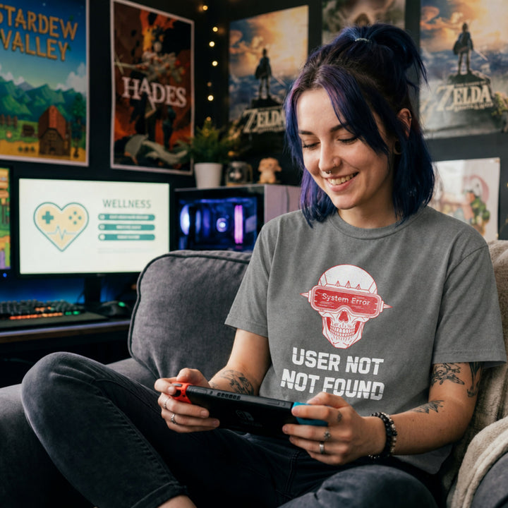 Translation missing: en.Graphite heather cyberpunk shirt graphic showing a skull wearing a VR headset with text User Not Not Found System Error. 