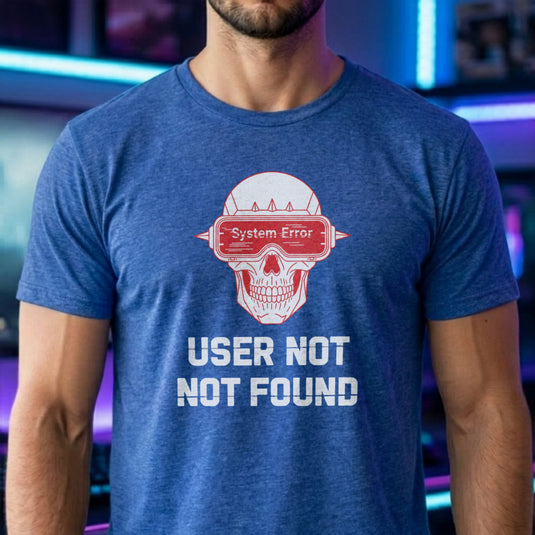 Translation missing: en.Heather royal cyberpunk shirt graphic showing a skull wearing a VR headset with text User Not Not Found System Error. 