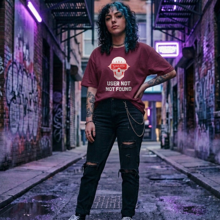 Translation missing: en.Maroon cyberpunk shirt graphic showing a skull wearing a VR headset with text User Not Not Found System Error. 