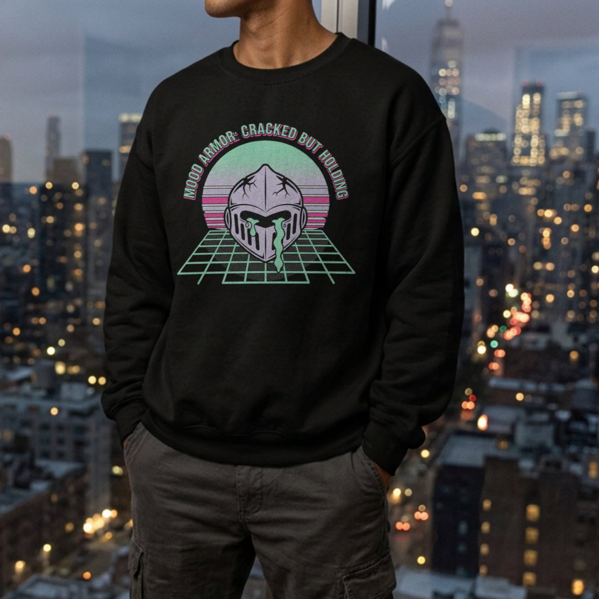 Translation missing: en.Black Crewneck Sweatshirt Retro Knight  Graphic With Text, MOOD ARMOR: CRACKED BUT HOLDING