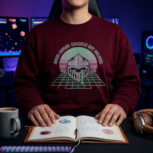 Translation missing: en.Maroon Crewneck Sweatshirt Retro Knight  Graphic With Text, MOOD ARMOR: CRACKED BUT HOLDING