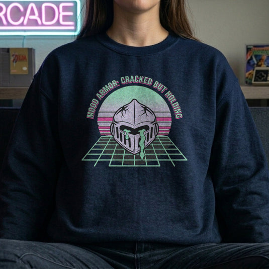 Translation missing: en.Navy Crewneck Sweatshirt Retro Knight  Graphic With Text, MOOD ARMOR: CRACKED BUT HOLDING