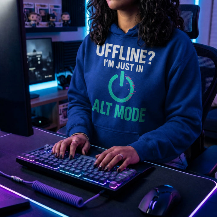 Translation missing: en.Royal hoodie with Cyberpunk Glitch Power Symbol the text OFFLINE? I'M JUST ALT MODE