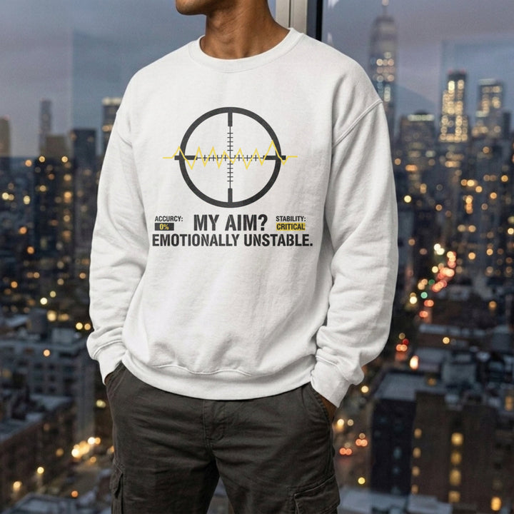 Translation missing: en.White Crewneck Sweatshirt Sight Glass Target And ECG Line Graphic Text, My Aim Emotionally Unstable