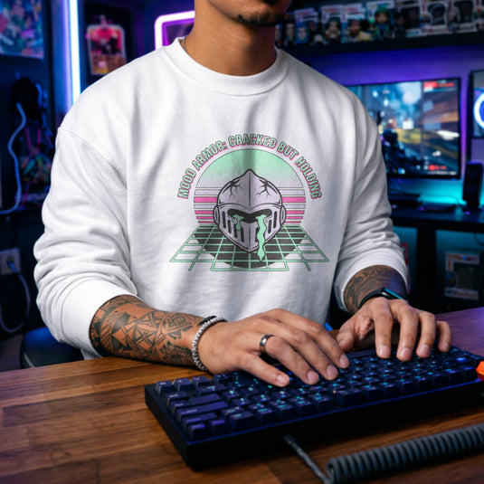 Translation missing: en.White Crewneck Sweatshirt Retro Knight  Graphic With Text, MOOD ARMOR: CRACKED BUT HOLDING