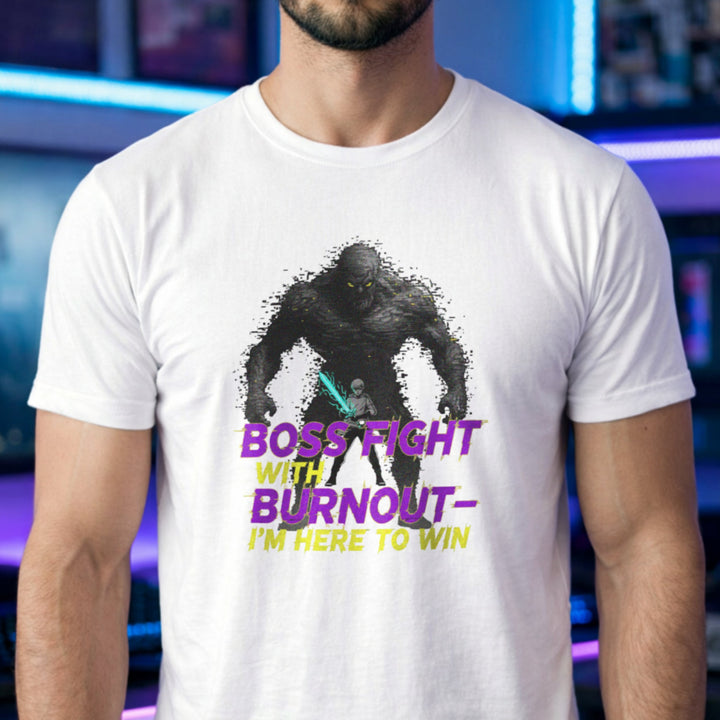 Translation missing: en.White t-shirt with a glowing warrior facing a giant monster and purple text reading Boss Fight With Burnout