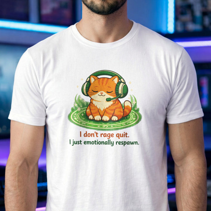 Translation missing: en.White cotton tee laid-back orange cat with headphones graphic text, "I don't rage quit I just emotionally respawn