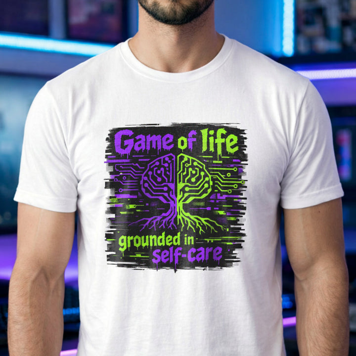 Translation missing: en.White t-shirt with Game of life grounded in self-care neon graphic showing a circuit board brain tree design