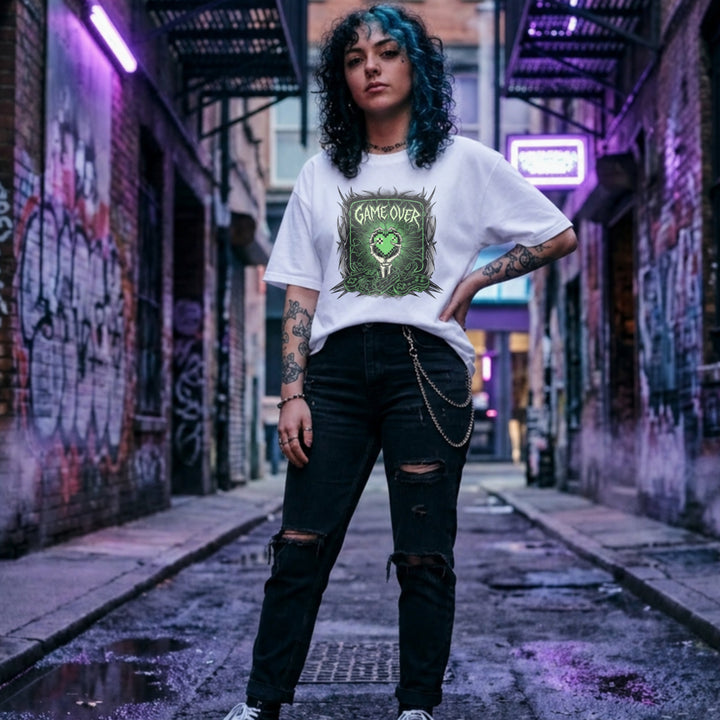 Translation missing: en.White cotton tee with graphic of a bone hand holding heart in pixel art style and text "GAME OVER"